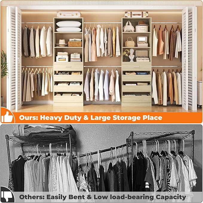 Aheaplus Closet System Set of 2, 4-9Ft Wood Closet Organizer with Drawers & Shelves, Closet Organizer System with 8 Hanging Rods, Walk-in Closets Organizer Wardrobe Closet Rack, White Oak1