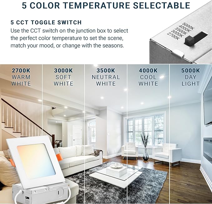 PARMIDA (12 Pack) 4 Inch Square 5CCT Ultra Thin LED Recessed Lighting with Junction Box, 2700K/3000K/3500K/4000K/5000K 5 Color Selectable, 9W, Dimmable, Canless Wafer Slim Panel Lights, IC Rated, ETL