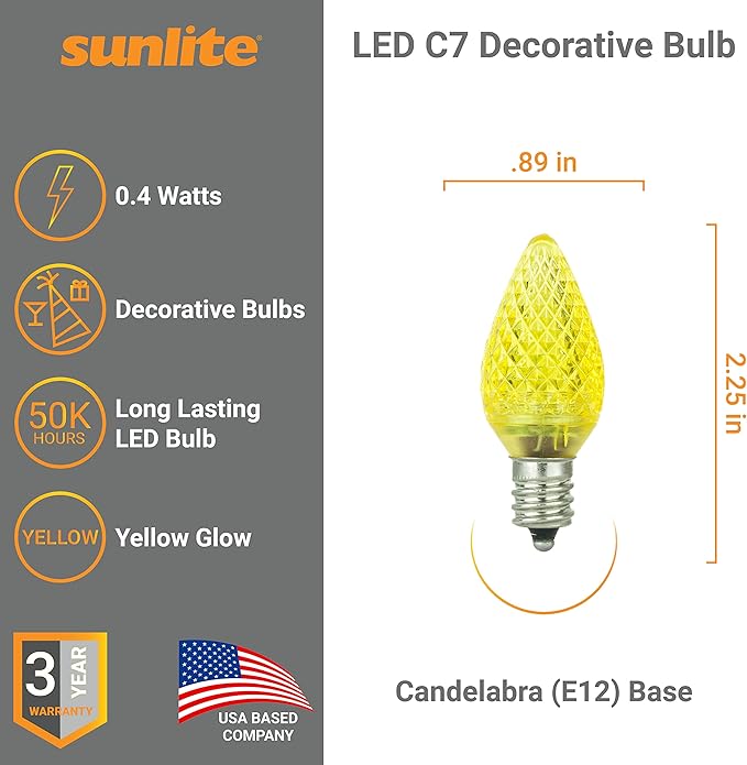 Sunlite 80704 LED C7 Holiday Decorative Bulb 0.4 Watts, E12 Candelabra Base, Faceted Christmas-Lights Nightlight, Yellow