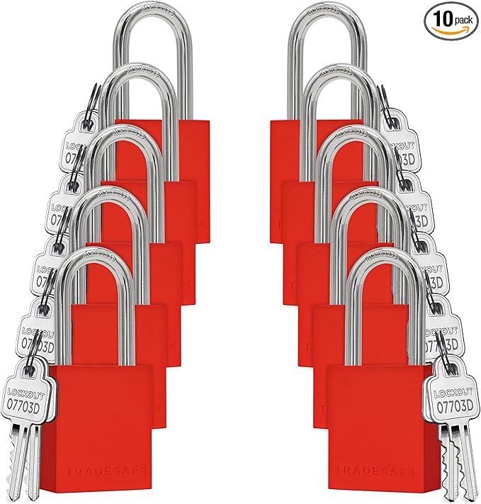 TRADESAFE Lockout Tagout Locks Set - 10 Red Aluminum Loto Locks, Lock Out Tag Out Padlocks Keyed Alike, 2 Keys Per Lockout Padlock, OSHA Compliant