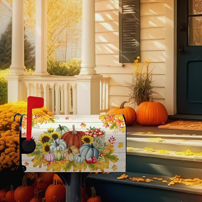 Fall Harvest Pumpkin Mailbox Covers Oversized Autumn Thanksgiving Magnetic Mailbox Cover Large Size 25.5x21 Inches Farmhouse Fall Letter Post Mail Box Wraps for Garden Yard Outdoor Decor