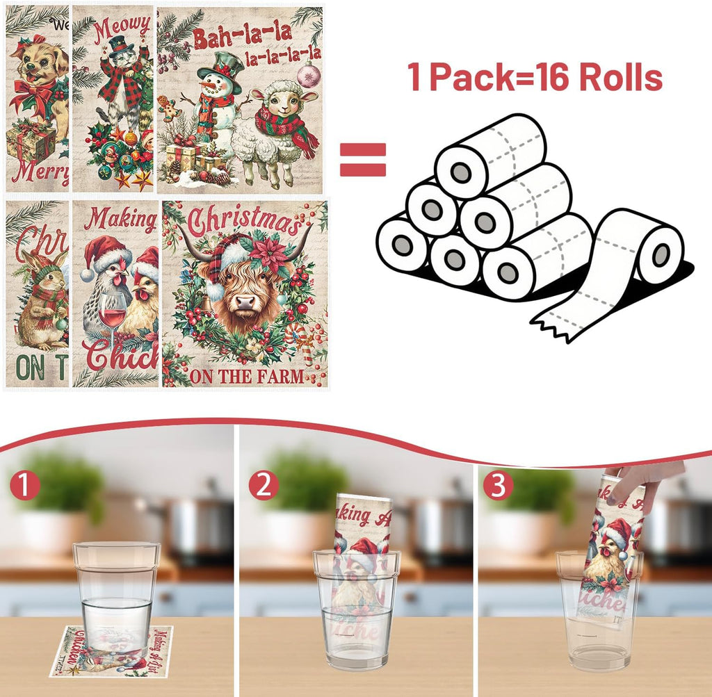 Christmas Swedish Dishcloths for Kitchen, 6 Pack Vintage Farm Animals Reusable Paper Towels Housewarming Gifts for Women, Xmas Absorbent Dish Rags for Home Cleaning
