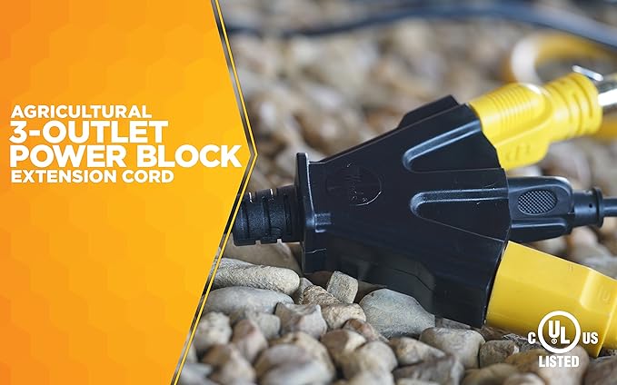 Southwire AgriPro Medium Duty Extension Cord - 14/3 Gauge - Tri-Tap Outlets - Water Resistant Vinyl Jacket - Flexible All-Weather Cord - UL Listed - 25 Foot