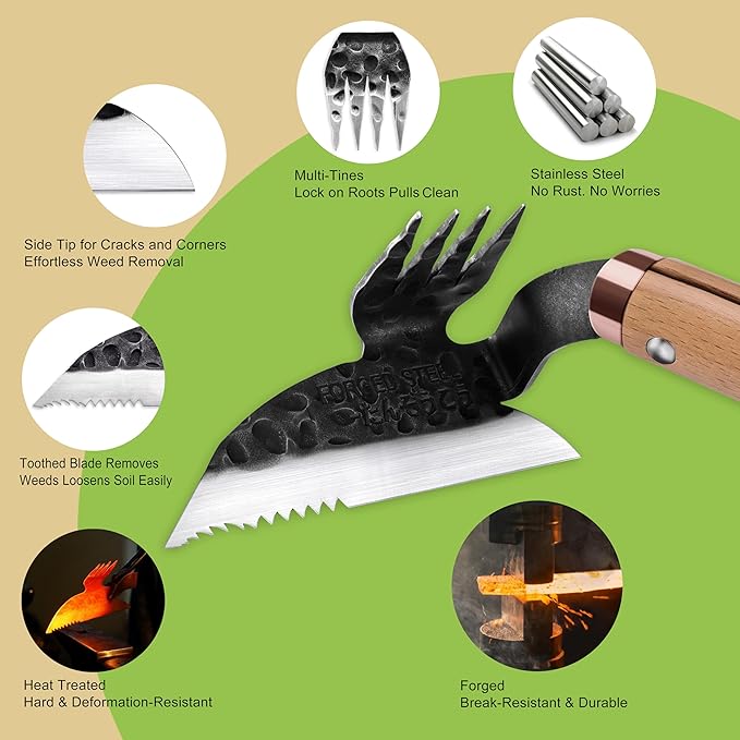 AON All-Purpose Japanese Weeding Sickle & Razor Hand Hoe, Forged Steel Weed Puller Tool with Sharp Edge & 4-Tine for Digging, Weeding, Uprooting in Vegetable Gardening, Backyard or Raised Garden Beds
