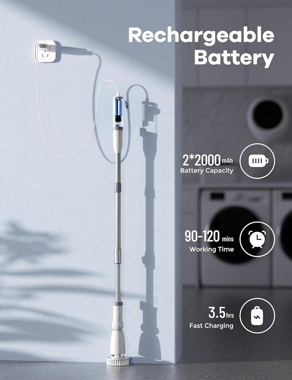 Electric Spin Scrubber,Floor Shower Scrubber with Long Handle Power Scrubber Dual Speeds,Cleaning Brush Cordless Scrub Brush with 3 Adjustable Angles,8 Brush Heads for Bathroom,Tile