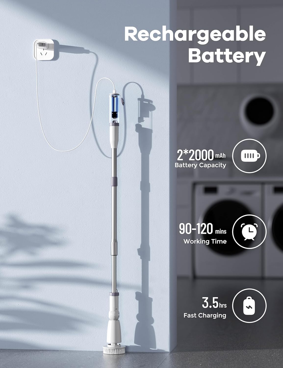 Electric Spin Scrubber,Floor Shower Scrubber with Long Handle Power Scrubber Dual Speeds,Cleaning Brush Cordless Scrub Brush with 3 Adjustable Angles,8 Brush Heads for Bathroom,Tile