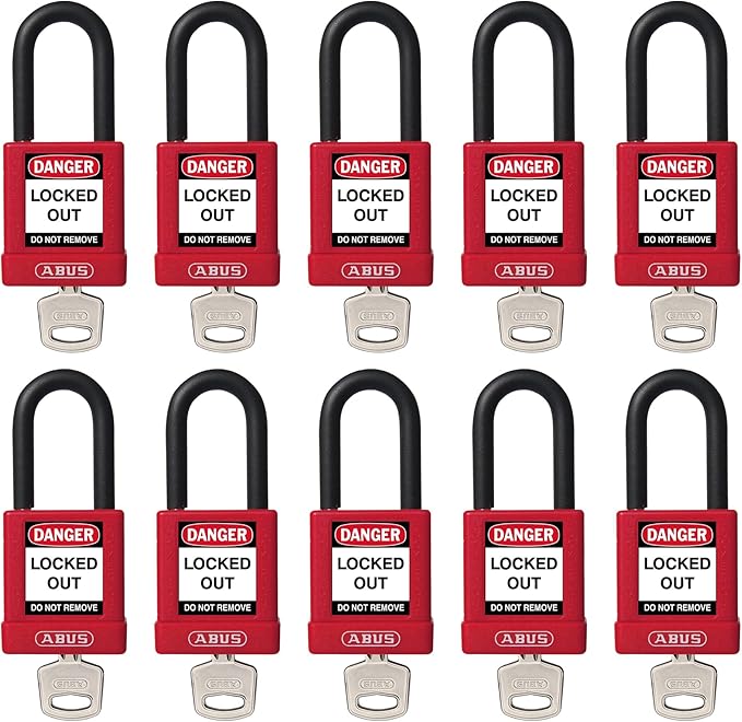 ABUS Red Pack of 10 Lockout Tagout Premium Solid Body Safety Padlock Set - OSHA Compliant Loto Locks Insulated Against Electric Shock, Keyed Different, 1 Key Per Lock