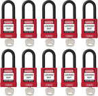ABUS Red Pack of 10 Lockout Tagout Premium Solid Body Safety Padlock Set - OSHA Compliant Loto Locks Insulated Against Electric Shock, Keyed Different, 1 Key Per Lock