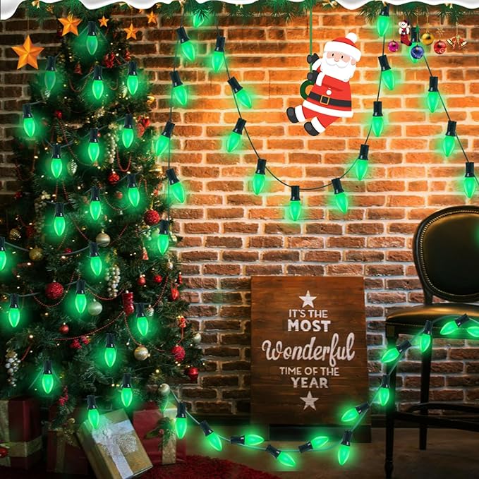 25 Pack C9 Christmas Green LED Light Bulb,Vintage Plastic C9 Ceramic Replacement Bulbs Watterproof C9/E17 Intermediate Base 0.6 Watt Great for Night Lights Christmas Patio String Lights
