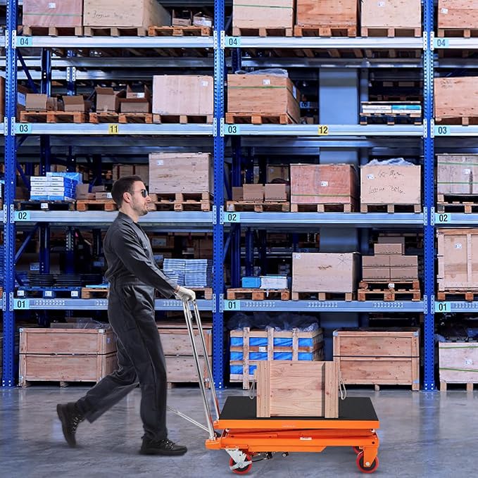 VEVOR Hydraulic Lift Table Cart, 330lbs Load Capacity 50 Inch Lifting Height, Manual Single Scissor Lift Table with Non-Slip Pad and 4 Wheels, Hydraulic Scissor Cart for Material Handling, Orange