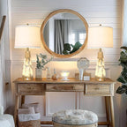 27" Natural Alabaster And Real Wood Table Lamp Set of 2 With Night Light Nightstand Lamps With USB Ports White Linen Fabric Shade Bedside Lamp Decor For Living Room Bedroom Home Office Hotel Bar House