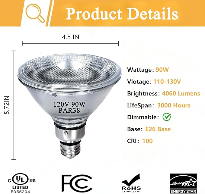 Halogen Flood Light 120V 90W, Dimmable PAR38 90W Light Bulbs for Indoor and Outdoor, E26 Medium Base, Warm White, High Output Reflector Flood Lights, 4Pack
