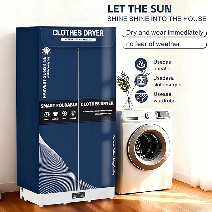 Clothes Dryer, Portable Foldable Drying Machine with Timer, Easy Carry Laundry Drying Wardrobe with Large Capacity, Electric Dryer/Rack for Home | Appartments | RV (Blue DF1)