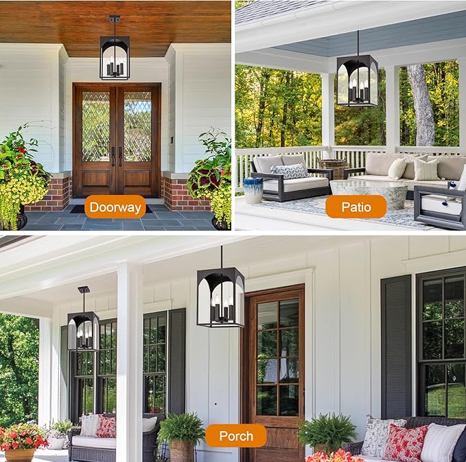 VINLUZ Outdoor 4 Light Pendant Lighting,Classic Outside Chandelier Exterior Hanging Lantern Light with Clear Glass Shade Oil Rubbed Bronze Finish for Porch, Yard, Gazebo