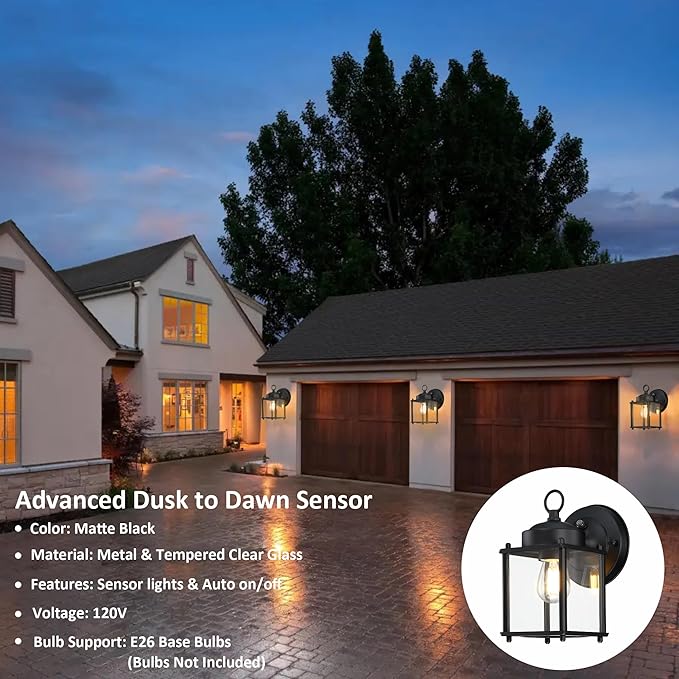 GRUENLICH Dusk to Dawn Outdoor Wall Lantern, Exterior Wall Sconce Light Fixture, Outside Porch Lighting with Clear Glass for House, Patio, Matte Black, 2 Pack
