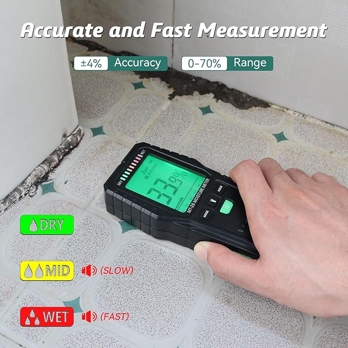RDINSCOS Pinless Moisture Meter for Leak Detection, Water Damage Detector for Wood, Drywall, Concrete & Building Materials – Easy Calibration, Data Hold, and Flashlight – Moisture Tester for Basement