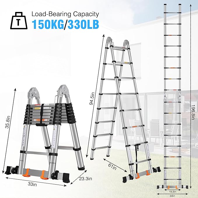 Telescoping Ladders 16.5FT A Frame Stainless Steel Extension Ladder,Heavy Duty Lasts for 375LBS,with Balance Bar and Movable Wheel,Multi-Purpose Collapsible Ladder for Outdoor Indoor