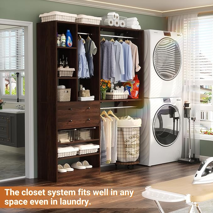 Closet System - 5FT Small Closet System with Drawers, 60" Closet Organizer System with Reversible Hanging Shelving, Closet Systems for Small/Walk-in Closets, Black Walnut