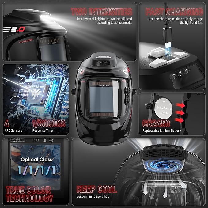 YESWELDER Auto Darkening Welding Helmet with Rechargeable Fan and Light, 3.93"X3.66"Large View 1/1/1/1 True Color 4 Arc Sensor Solar Powered Welding Hood, 3/5-9/9-13 Wide Shade Weld Mask LYG-30800H