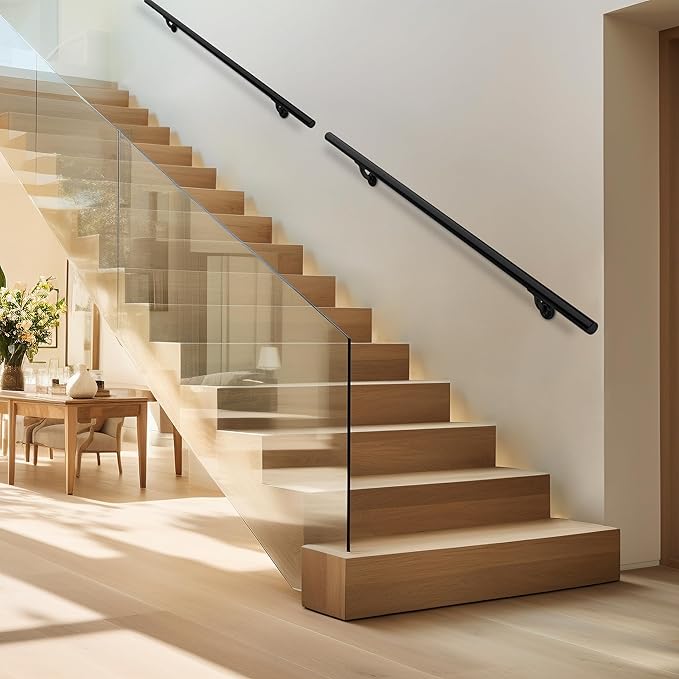 Meranti Aluminum Handrail for Indoor or Outdoor Steps and Stairs – Hand Rails for Elderly – DIY Complete Stair Railing Kit (AHR, Black Textured, 8' Length)