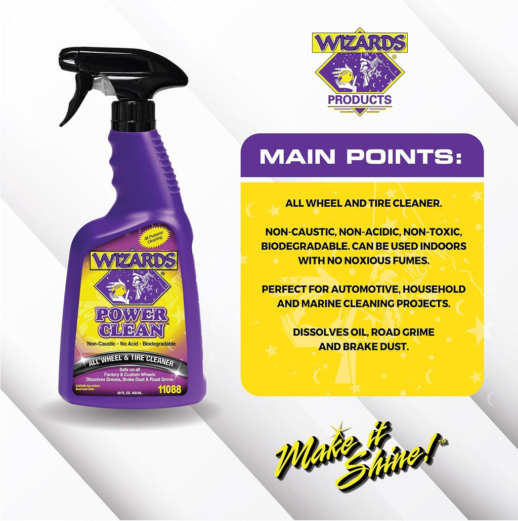 Wizards Power Clean Wheel and Tire Cleaner - Non Caustic and No Acid Biodegradable Interior Car Cleaner - Safe on All Kinds of Wheels - Dissolves Grease, Brake Dust and Road Grime - 22 oz