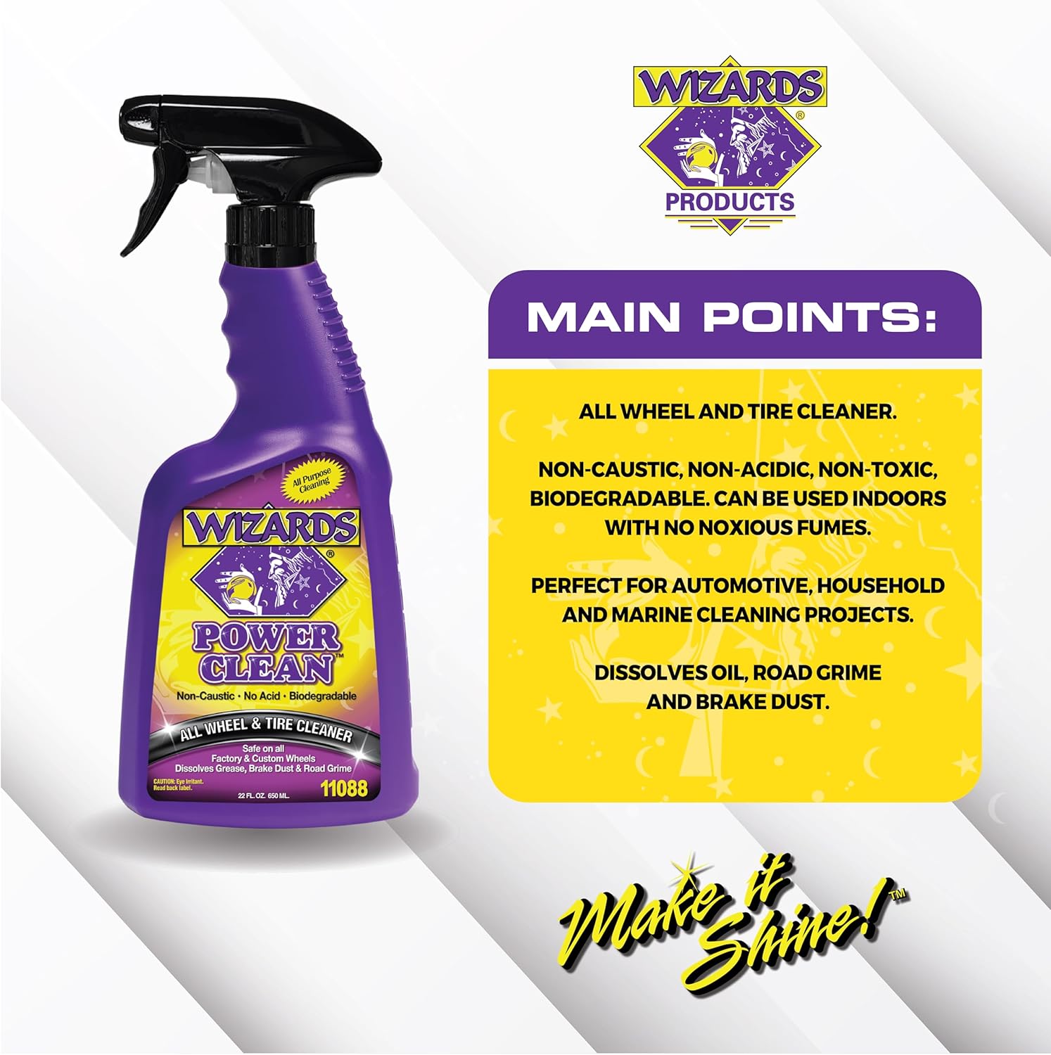 Wizards Power Clean Wheel and Tire Cleaner - Non Caustic and No Acid Biodegradable Interior Car Cleaner - Safe on All Kinds of Wheels - Dissolves Grease, Brake Dust and Road Grime - 22 oz