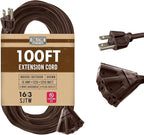 100 Ft Brown Extension Cord with 3 Electrical Power Outlet - 16/3 SJTW Heavy Duty Cable with 3 Prong Plug for Safety, 10 AMP for Heavy Appliances, Garden, Lawn, Lightning Decoration