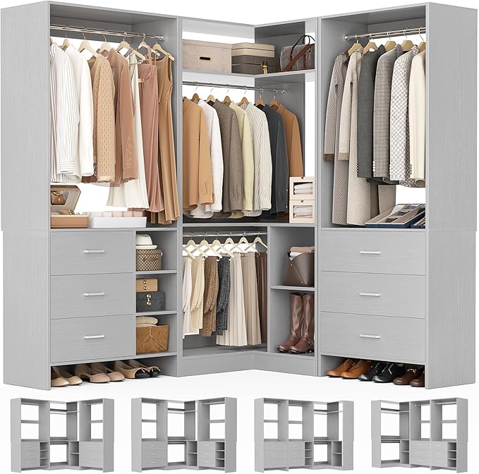 Aheaplus Closet System with 6 Drawers, 4 Hanging Rods & Corner Tower, Corner Closet System with Hanging, 86.8" L-Shaped Walk-In Wardrobe Organizer, 2000+ lbs Capacity, Set of 3, Grey