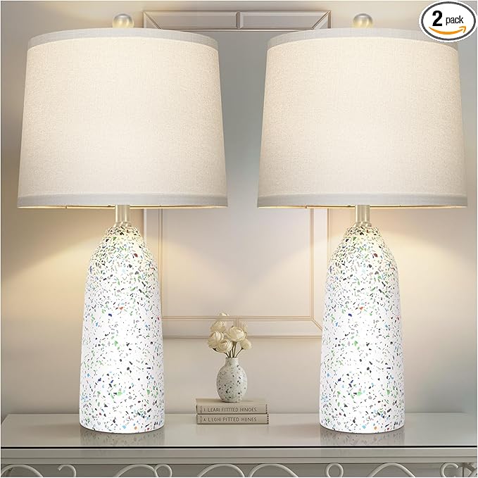 22.5" Faux Stone Table Lamps Set of 2, Farmhouse Lamps for Bedroom with Linen Shade, Rotary Switch Bedside Lamps with 3-Way Dimmable Bulb for Living Room Nightstand Home Decor(Bulb Included)