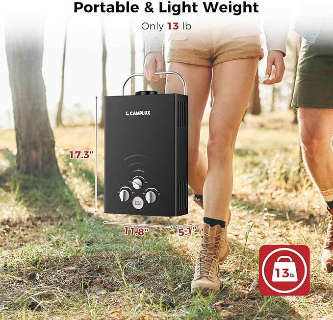 CAMPLUX Portable Tankless Water Heater 1.58 GPM, BW158B Outdoor Propane Water Heater Camping, 41,000 BTU, Black