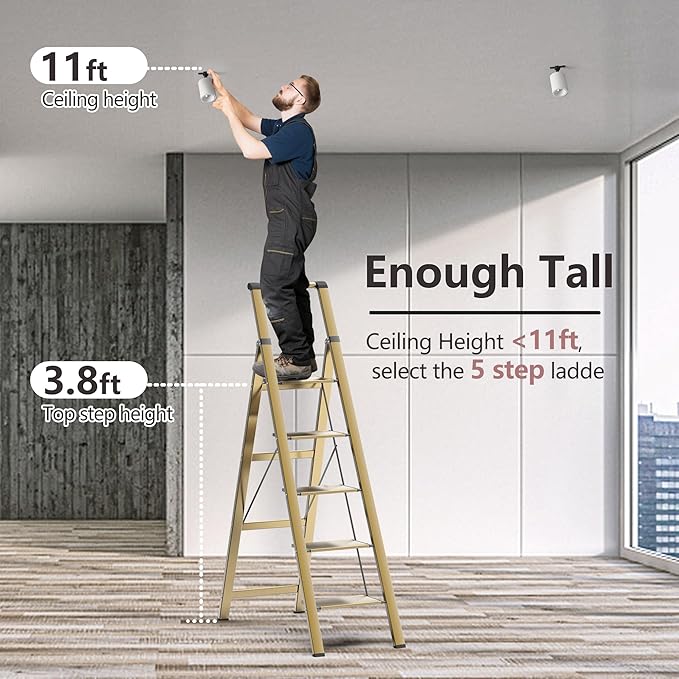 GameGem 5 Step Ladder for 10 Feet High Ceiling, Lightweight Aluminum Folding Step Stool with Convenient Handgrip, Stepladders with Anti-Slip and Wide Pedal for Home Use Space Saving - Gold