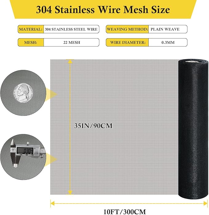 fowong 304 Stainless Steel Mesh Window Screen Roll, Black 35INx10FT Window Screen Replacement, Durable Metal Wire Mesh for Door, Patio, Porch, DIY, Easy to Cut and Install (20 x 22 Mesh)