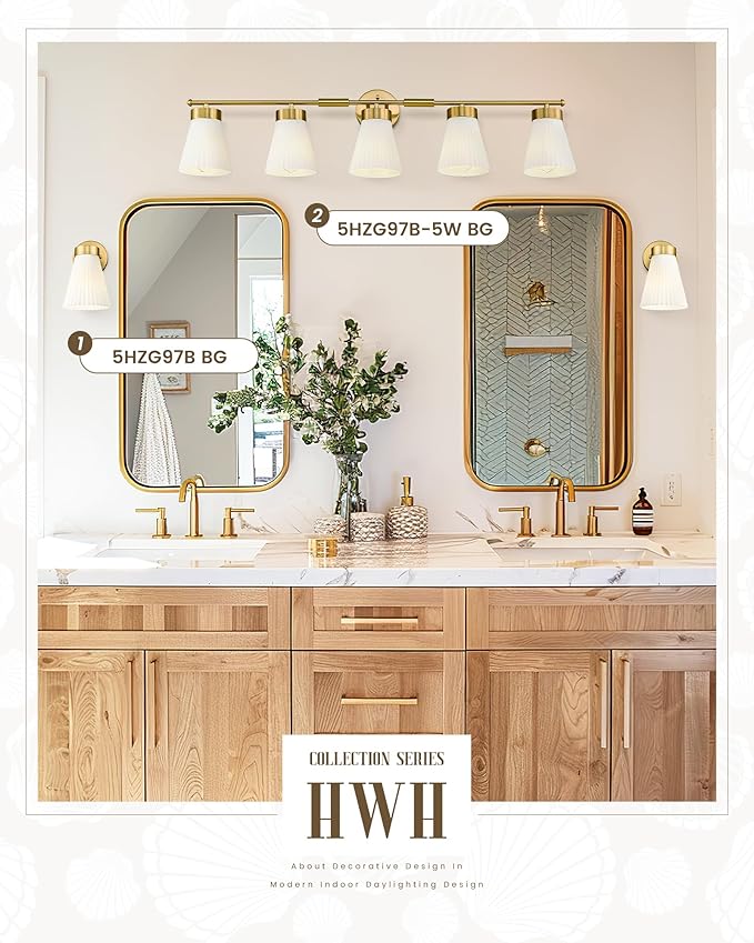 Bathroom Light Fixture, HWH 5-Light Bathroom Vanity Light Brushed Gold Vanity Lighting Over Mirror, Modern Vanity Lights with Frosted White Striped Glass, 5HZG97B-5W BG