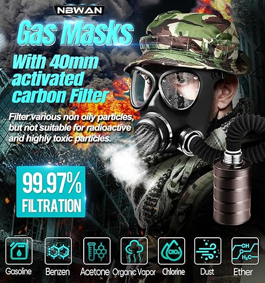 Gas Respirator Mask with 40mm Activated Carbon Filter & Supply Air Hose, Gas Masks Survival Nuclear and Chemical Military Grade, Respirator Mask for Chemicals, Dust, Paint Spray, Organic Vapor