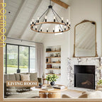 16-Light Wood Wagon Wheel Chandelier Farmhouse Natural, 43.3'' Black Metal Pendant Chandeliers Wooden Rustic Light Fixtures for High Ceiling Living Dining Room Foyer Entryway