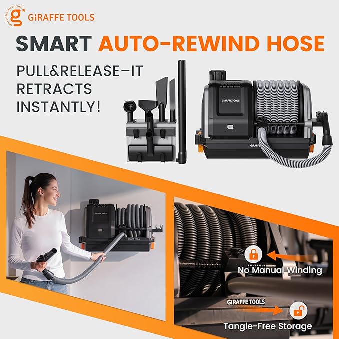 Giraffe Tools Grandstorm Retractable Vacuum Cleaner Wall-Mounted, Shop Wet Dry Vacuum Cleaner with 6 Nozzles for Car Detailing Remote Control Garage Vacuum, Grey