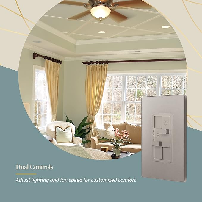 TOPGREENER Kalide Combo Dimmer Switch with 3-Speed Fan Control, Light and Fan Combination Switch, Single Pole, 2.5A, 200W LED/CFL, Neutral Wire Not Required, TGDSFS3-NK, Nickel