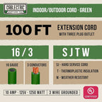 3 Outlet Outdoor Extension Cord 100 ft, SJTW 16 AWG Heavy Duty Green Extension Cord with Multiple Outlets Pigtail, Weatherproof Exterior Cable 3 Prong for Landscaping, Garden, Lawn & Yard
