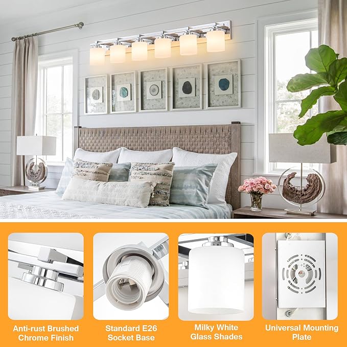 6 Light Modern Bathroom Light Fixtures Over Mirror, Chrome Vanity Lights for Bathroom Wall Sconces with Milky White Glass Shades, E26 Socket (Bulbs Not Included)