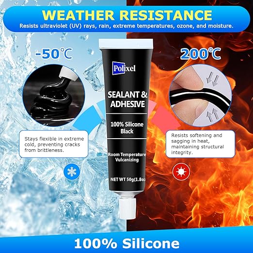 Black RTV Silicone Sealant Adhesive, 100% Silicone Caulk, All-Purpose Waterproof Sealant for Car, Window, Bathroom, Kitchen, Shrink & Crack Proof High Bond Strength Adhesive – 1.8oz / 50g