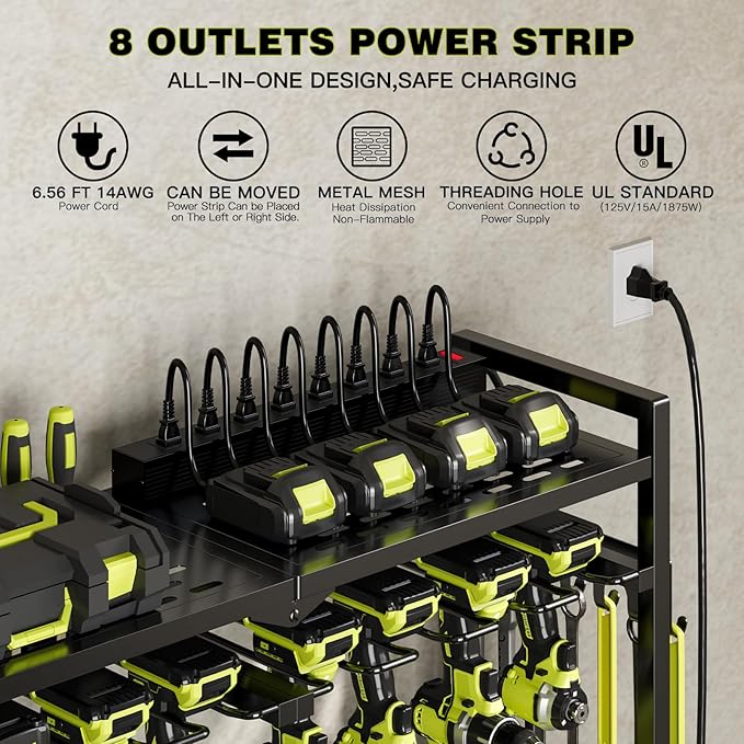 Large Power Tool Organizer Cart with Charging Station 8 Drill Holder Garage Storage Standing Heavy Duty and Stability Storage Rack Utility Tool Shelf (Black)