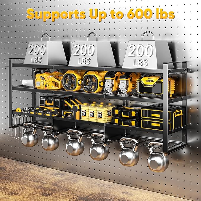 49.5" W Large Power Tool Organizer Wall Mount with Charging Station, 4-Tier Heavy Duty12 Cordless Drills Holder Load 600 lb, Tool Battery Storage Rack Built in 8 Outlet Power Strip for Garage