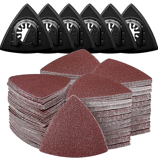 136Pcs Oscillating Tool Sanding Pad Kit, Contains 6Pcs Triangle Sanding Pads and 130Pcs Multitool Sandpaper, 60 80 100 120 240 Grits Oscillating Multi Tool Sandpaper Great for Wood&Plaster Polishing