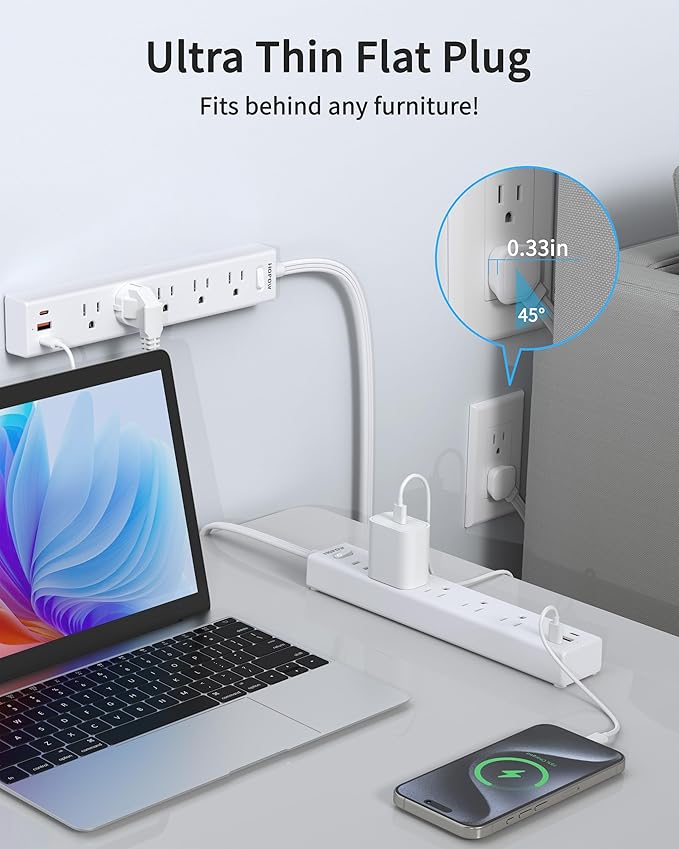 Power Strip Surge Protector, 2 Pack, 6 Ft Ultra Thin Flat Extension Cord, Surge Protector with 5 Outlets & 3 USB Ports (2 USB C), 1700 Joules, 3-Prong, Wall Mount for Home Office Dorm, White