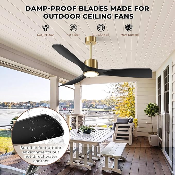 52" Smart Ceiling Fan with Lights,Black and Gold Outdoor Ceiling Fan,Work with Alexa/Gg/App/Remote,3-Color Light Dimmable 6-Speed Quiet Reversible for Patio Porch Bedroom