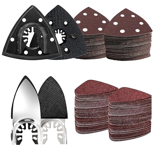 LEILUO 127 Pcs Oscillating Tool Sanding Pad Kit 2 Pcs 93mm Triangle Sanding Pads 2 Pcs Fingertip Sand Pads 120 Pcs Sandpaper 3 Pcs Adapters Compatible with DeWalt Makita Ryobi Milwaukee and More