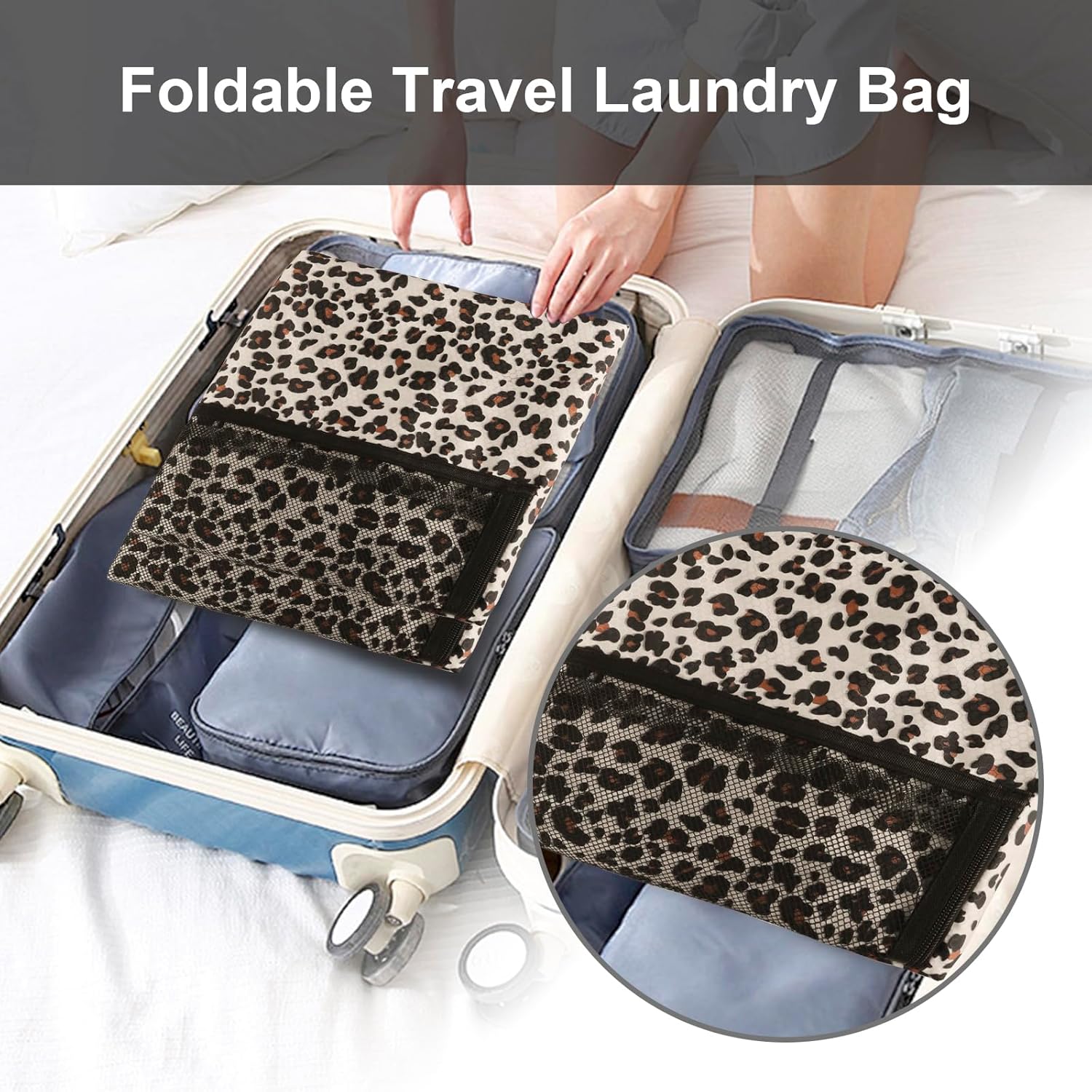 Laundry Bag Backpack Durable Laundry Bag with Shoulder Straps and Mesh Pockets Portable Laundry Dirty Clothes Hamper Bag for College Dorm (Leopard Print)