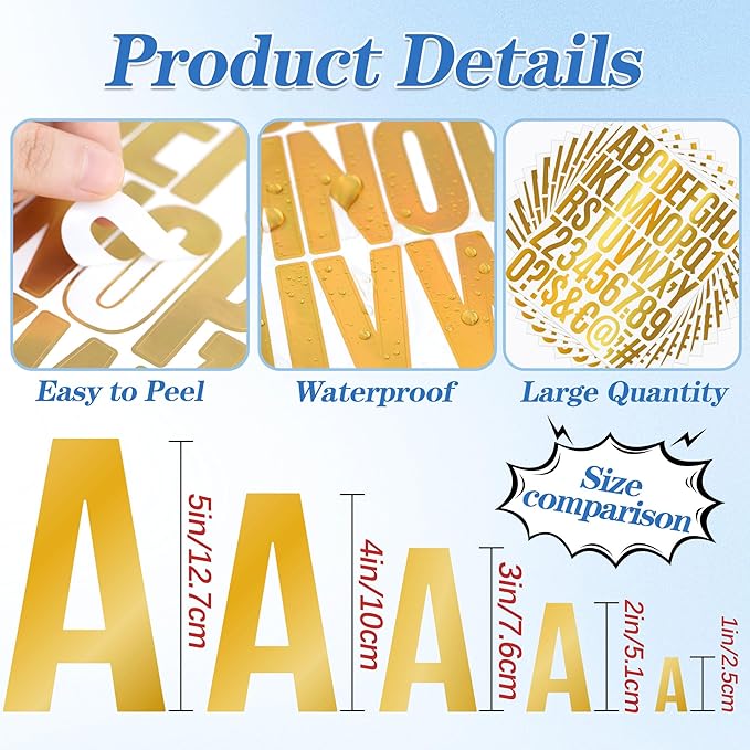 2142 PCS 42 Sheets Letter Stickers Mailbox Numbers and Letters Self Adhesive Vinyl Waterproof Alphabet Number Stickers for Mailbox Address,Craft,Water Bottles, Sign, Door, Home Decor (2 Inch,Gold)
