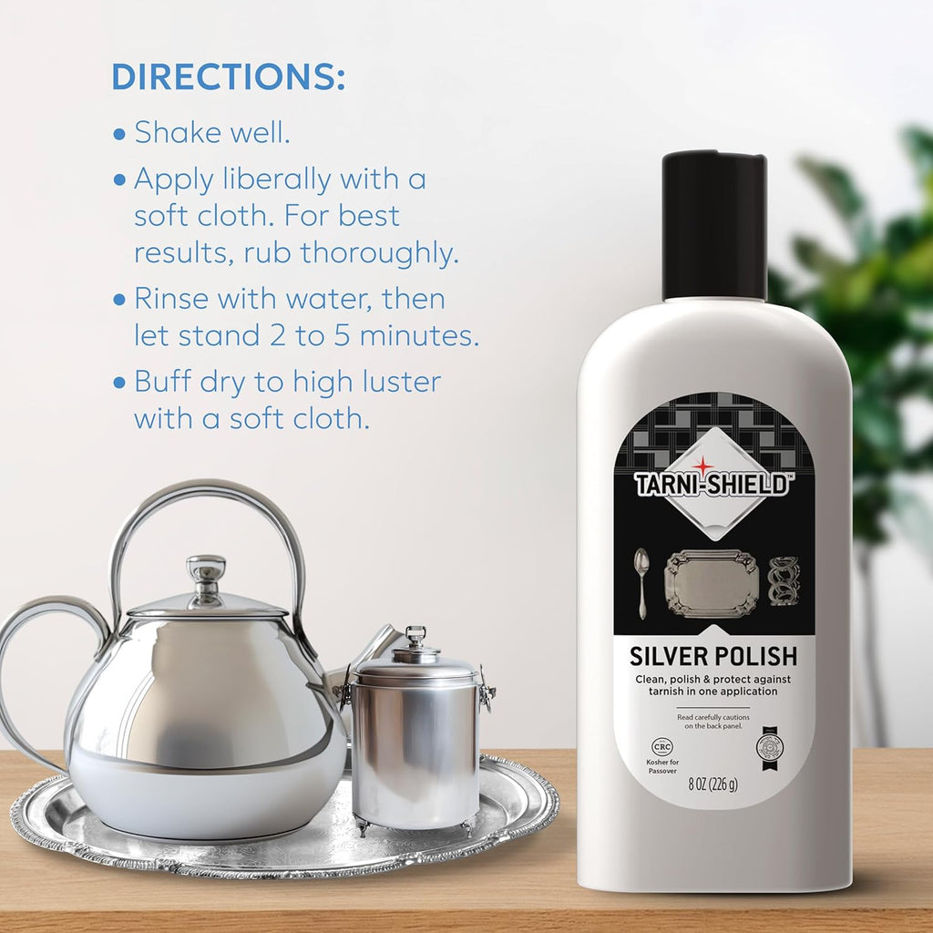 Tarni-Sheild Silver Polish - Clean, Polish, and Protect Against Tarnish - 8 Ounces – Safely Cleans Silver, Copper, Brass, and Other Metals in Just One Application