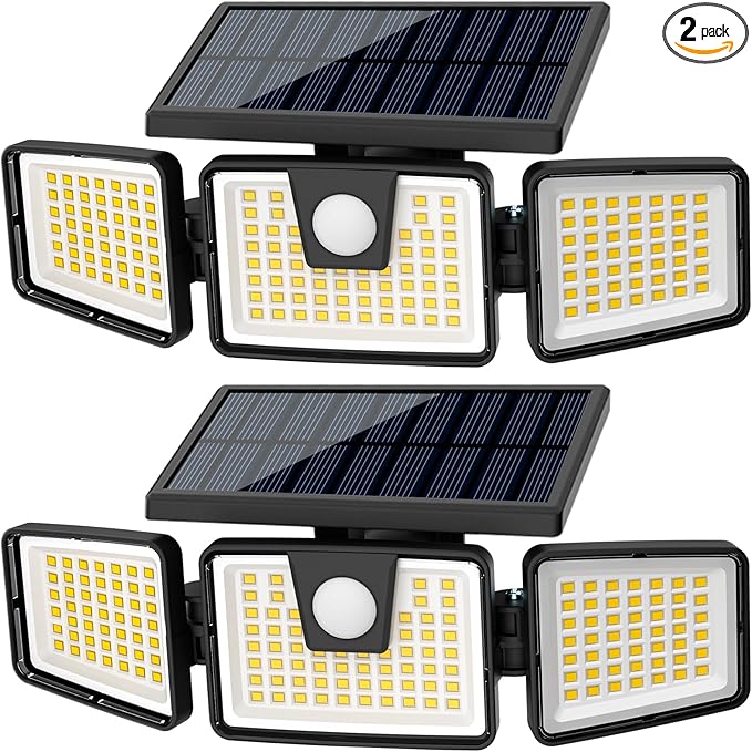 AmeriTop Solar Lights Outdoor, 2 Pack LED High Brightness Cordless Solar Motion Sensor Lights; 3 Adjustable Heads, 270° Wide Angle Illumination, IP65 Waterproof, Security LED Wall Light(Daylight)